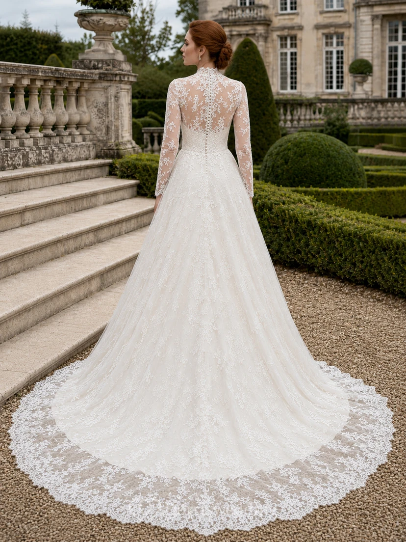 Brautkleid im französischen Gartenstil mit langen Ärmeln und A-Linien-Spitze view 2