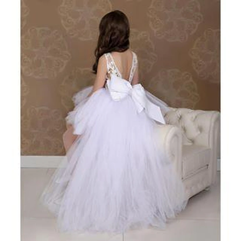 Lovely White Hi-Lo Tulle Flower Girl Dress Sweep Train Jewel view 2