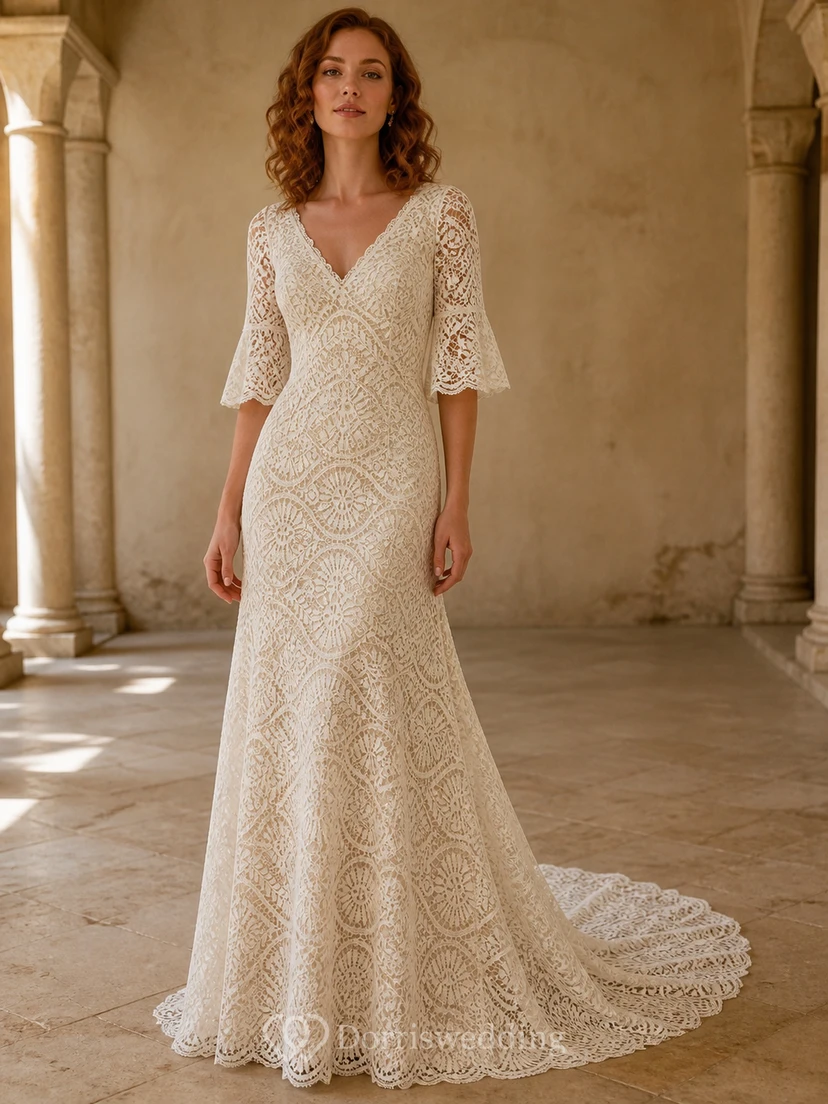 Vestido de novia bohemio de manga tres cuartos, estilo sirena, con escote en V, encaje geométrico con medallón y cola catedral.