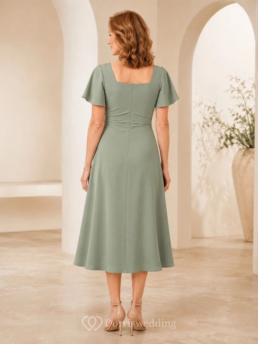 Modernes, elegantes Brautkleid für die Mutter älterer Bräute in Salbeigrün: Eckiger Ausschnitt, kurze, flatternde Ärmel, drapiertes A-Linien-Kleid in Teelänge view 2