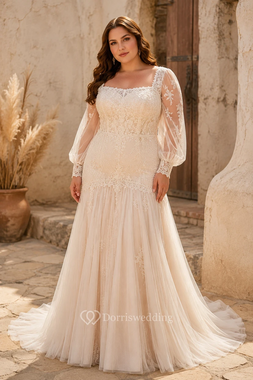 Plus Size Hochzeitskleid mit eckigem Ausschnitt und langen Ärmeln