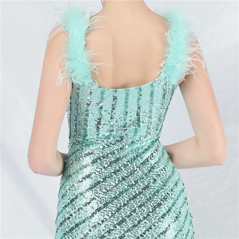 Evening Dress Craft Beaded Ostrich Feather Sequined Side Slit Evening Dress view 7