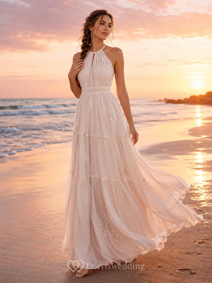 Halter Tiered Chiffon Beach Boho Sunset Wedding Dress