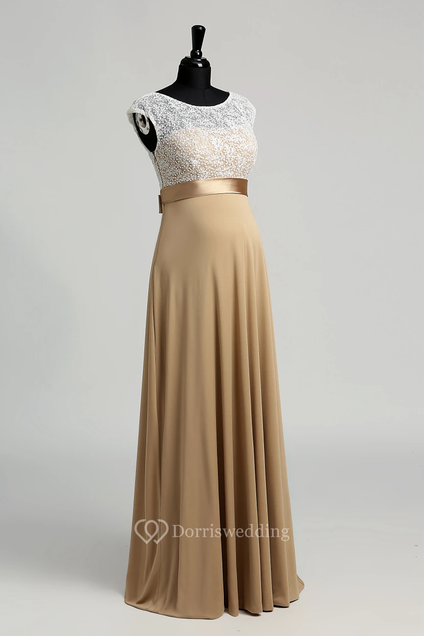 A-line Bateau Cap Short Sleeve Floor-length Jersey Lace Dress view 7