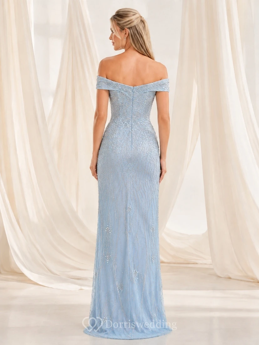 Sky Blue Off-the-Shoulder Sleeveless Chiffon Sheath Gown view 2