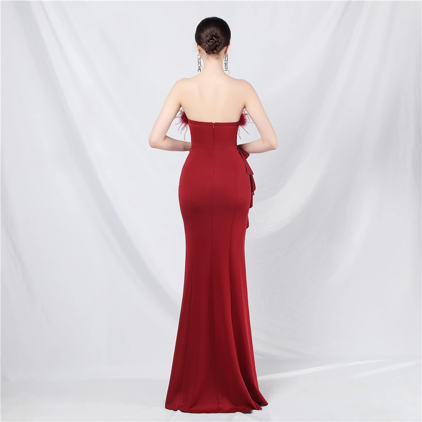 Crafted Custom-Made Ostrich Hair Off-Shoulder Tube Top Dinner Celebration Wedding Dress view 6