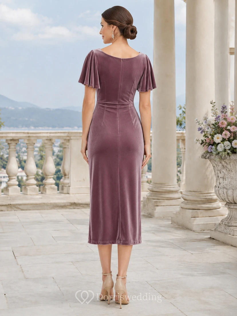 Vestido midi de terciopelo color malva con cuello joya, mangas tipo pétalo y corte recto para invitadas. view 2