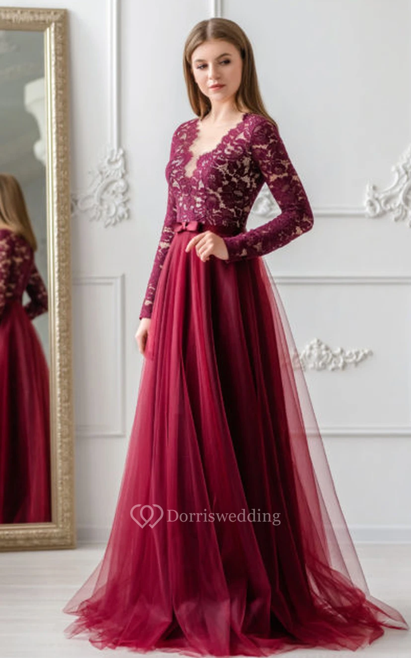 Vestido de noche moderno de corte A, largo hasta el suelo, con encaje y borde festoneado, y lazo.