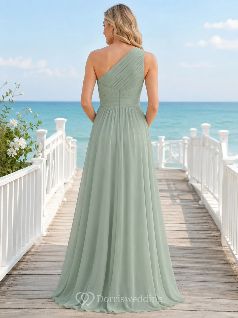 Sage Oceanfront A-Line Chiffon Bridesmaid Dress with Sleeveless One-Shoulder Bodice, Split Floor-Length Skirt and Low V Back view 2