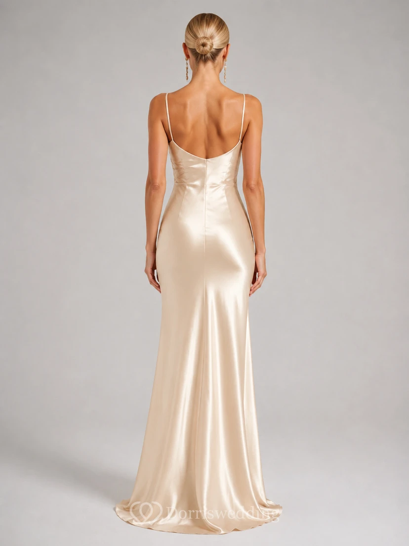 Simple Spaghetti Strap Satin Side Slit Floor Length Wedding Dress view 2