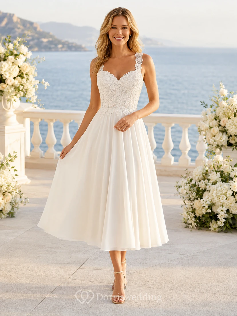 Robe de mariée romantique vintage, coupe trapèze, longueur thé, bretelles festonnées, sans manches, en dentelle, pour renouvellement de vœux