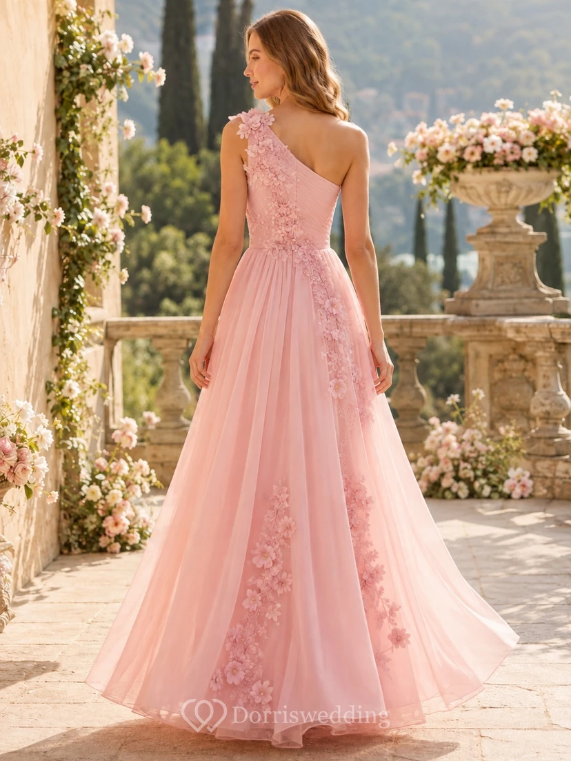 Blush One-Shoulder Pleated Floral Applique Tulle A-Line Floor-Length Prom Evening Dress view 2