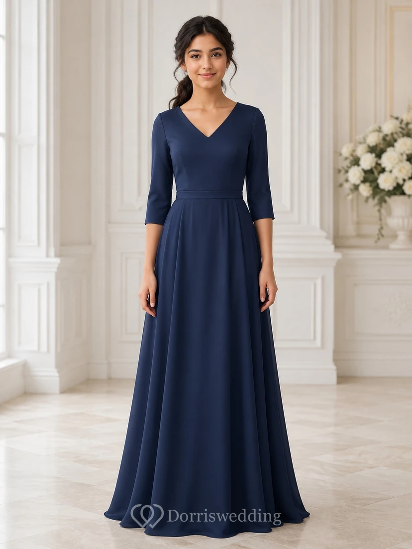 Dunkelblaues Brautjungfernkleid für junge Damen, A-Linie, V-Ausschnitt, Dreiviertelärmel