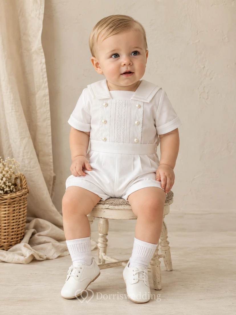 White Sailor Bib Double Button Short Sleeve Christening Romper for Baby Boy