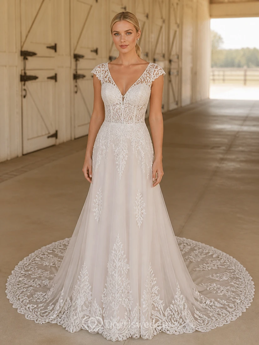 Vestido de novia romántico de manga corta, corte A, escote en V, encaje de vid con borde y cola catedral