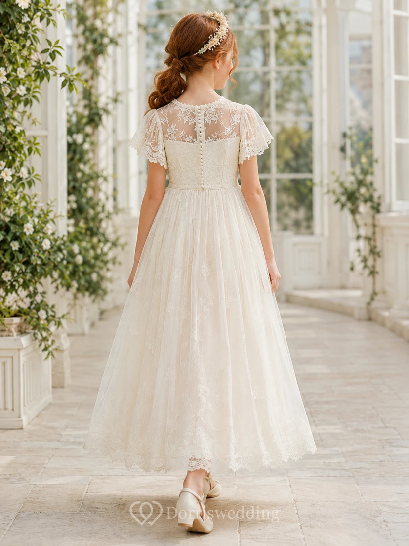 Boho Ruffle Sleeve Lace Ankle-Length A-Line Flower Girl Garden Wedding Tulle Dress view 2