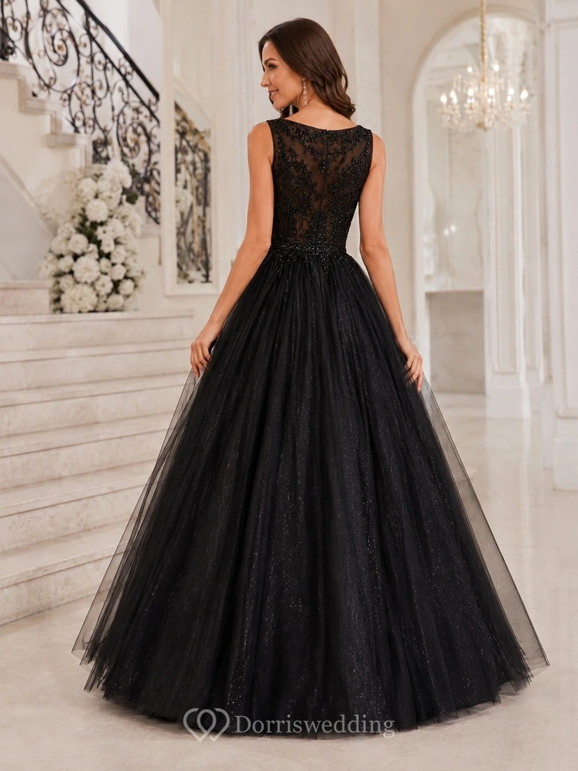 Black Illusion Sleeveless Lace Ball Gown Floor-length Tulle Romantic Luxury Evening Dress view 2
