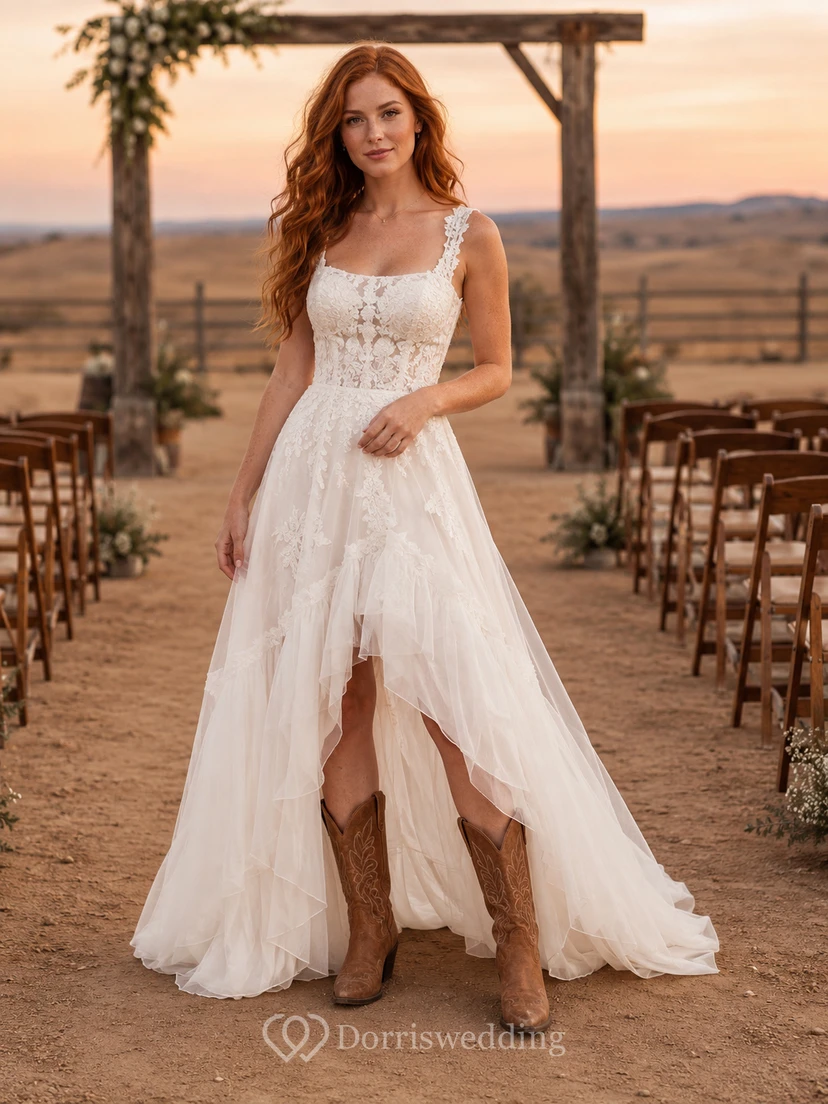 Western Rustic Straps Lace Tulle A-Line Wedding Dress