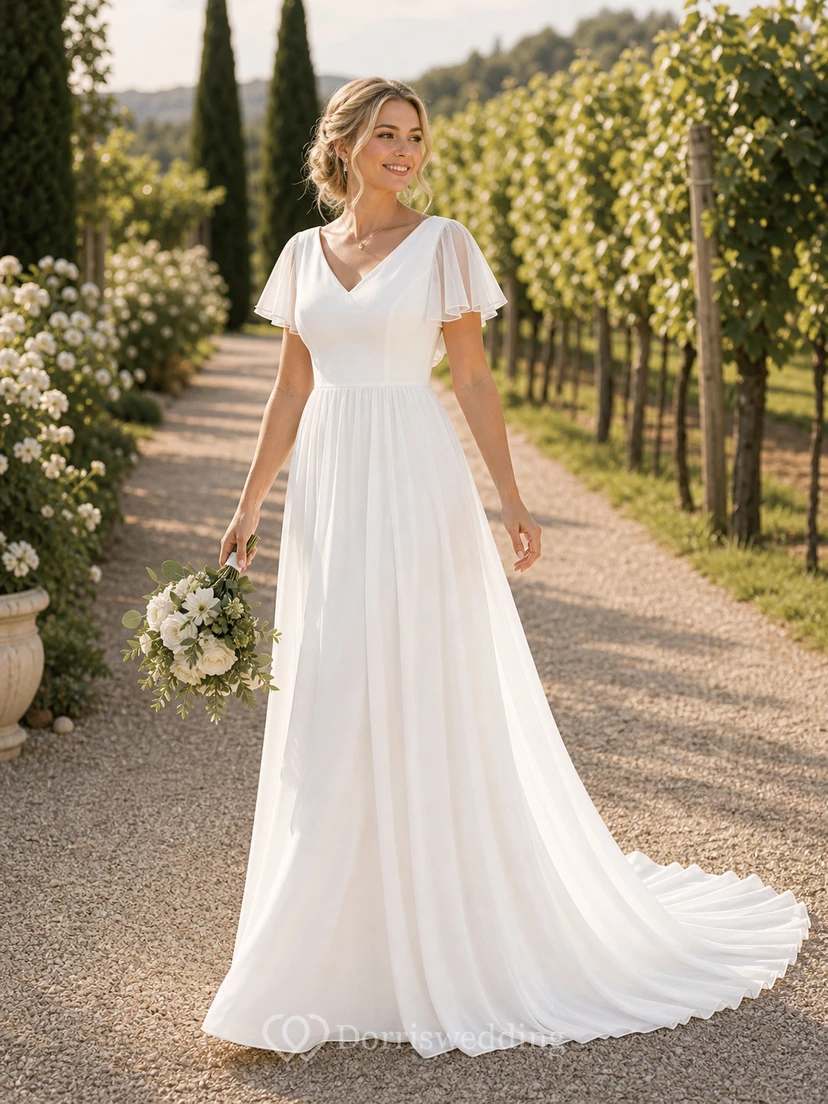 Robe de mariée décontractée en mousseline de soie, coupe trapèze, longueur au sol, traîne brossée, manches courtes et volants, col en V. view 5