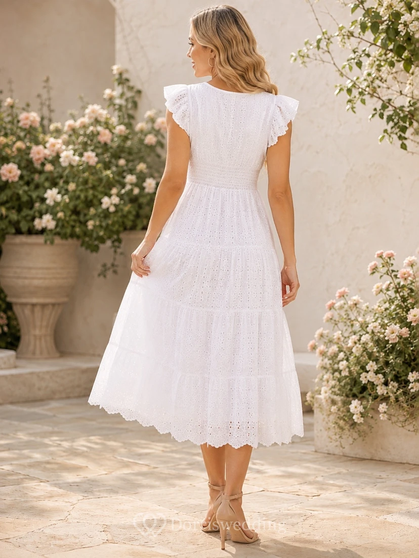 White Short Sleeve Tiered Lace Tea Length A Line Dress view 2
