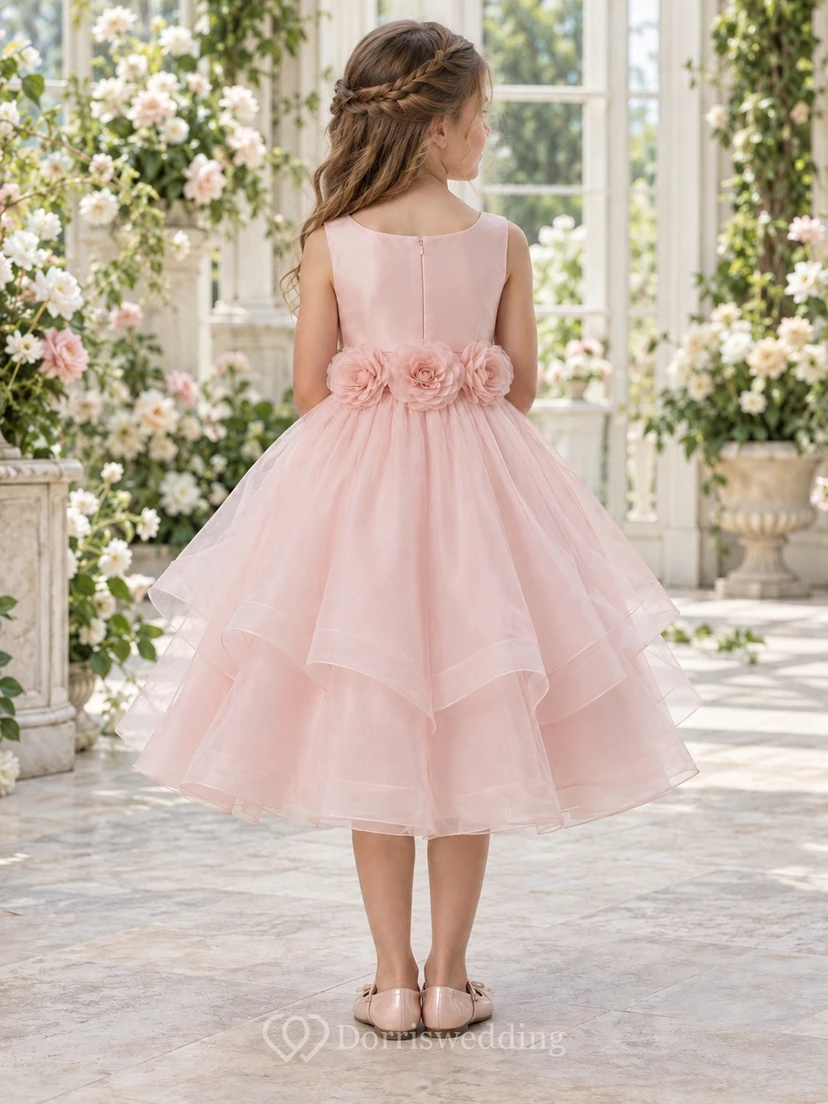 Blushing Pink Boat Neck Rosette Waist Tiered Flower Girl Dress view 2