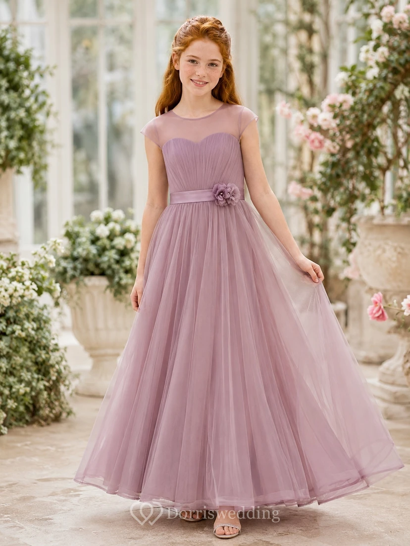 Vintage-Brautjungfernkleid in Mauve, A-Linie, herzförmiger Schnitt, kurze Ärmel, Spitze, romantisch