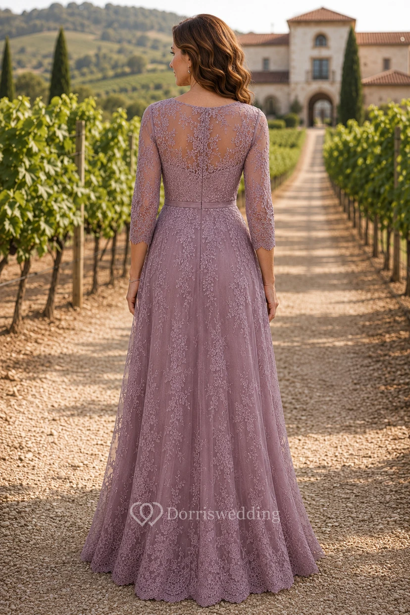 MOB Dress Mauve Lace Tulle A-Line 3/4 Sleeve V-Neck Floor Length view 2