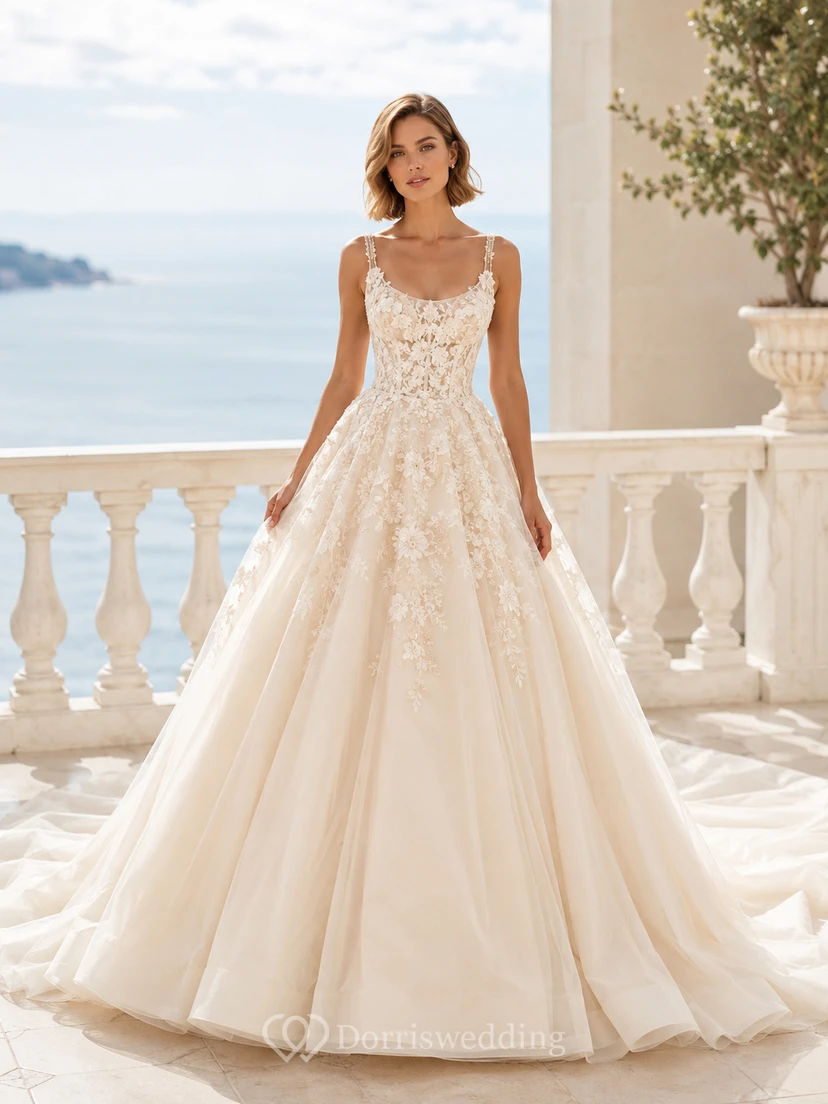 Robe de bal sans manches en dentelle polie et tulle, col carré, traîne chapelle, applications florales, robe de mariée de terrasse