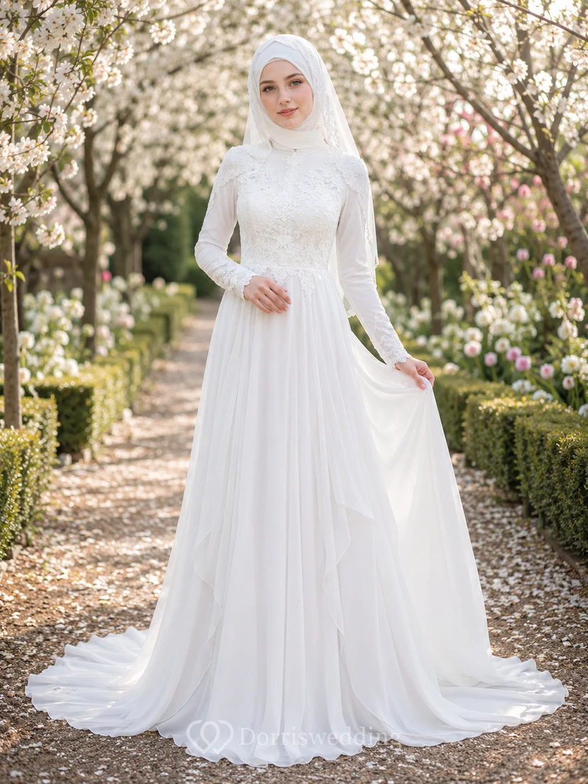Vestido de novia musulmán modesto de gasa y encaje con corte en A y cola de jardín.
