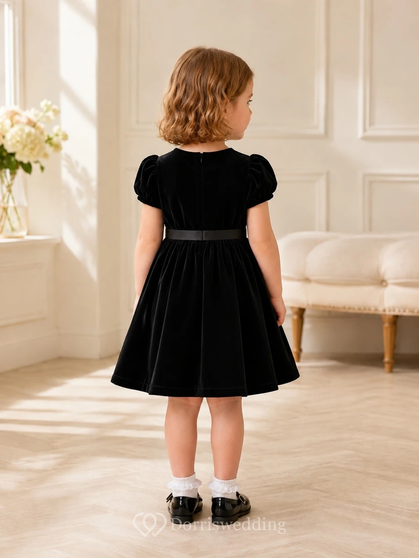 Black Jewel-Neck Puff-Sleeve Satin A-Line Mini Bow Adorable Flowergirl Dress view 2