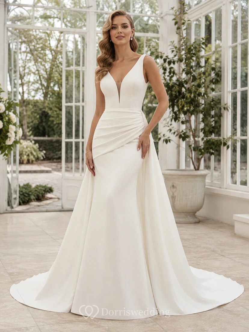 Elegant Plunging V-Neck Sleeveless Ruched Satin A-Line Chapel Train Wedding Dress