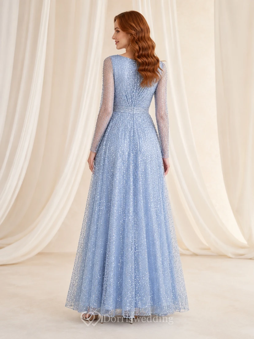 Steel Blue Sequin V-neck Long Sleeve A-Line Floor-length Formal Evening Dress view 2