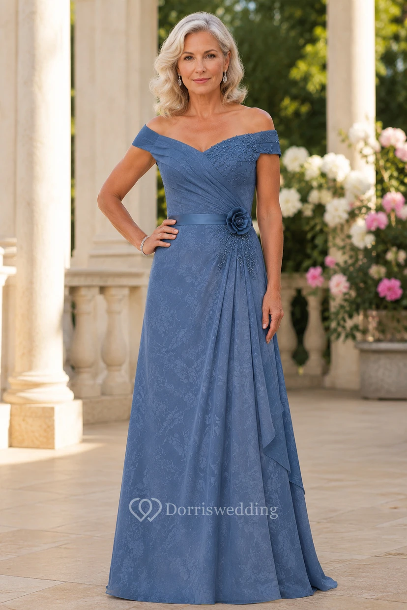 Dusty Blue Off-the-Shoulder A-Line Mother Dress with Floral Accent