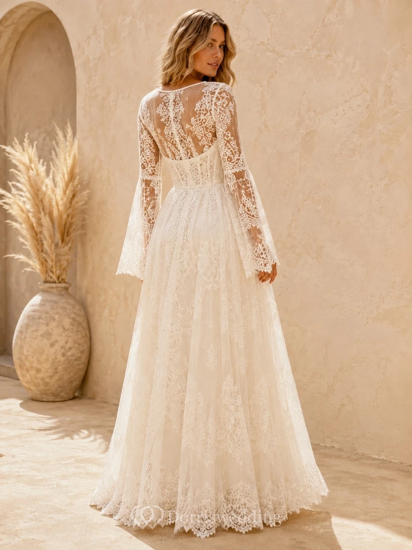 Boho Sweetheart Long Sleeve Lace A-line Floor-length Romantic Wedding Elegant Dress view 2