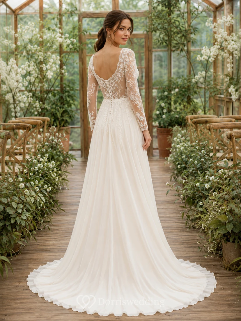 Vestido de novia bohemio asequible con escote redondo y mangas de encaje, ideal para el jardín. view 2