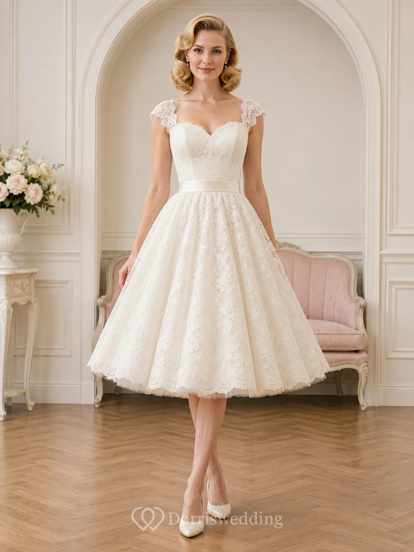 Vestido de novia romántico y elegante de corte A, largo hasta la rodilla, con tirantes en forma de corazón y encaje.