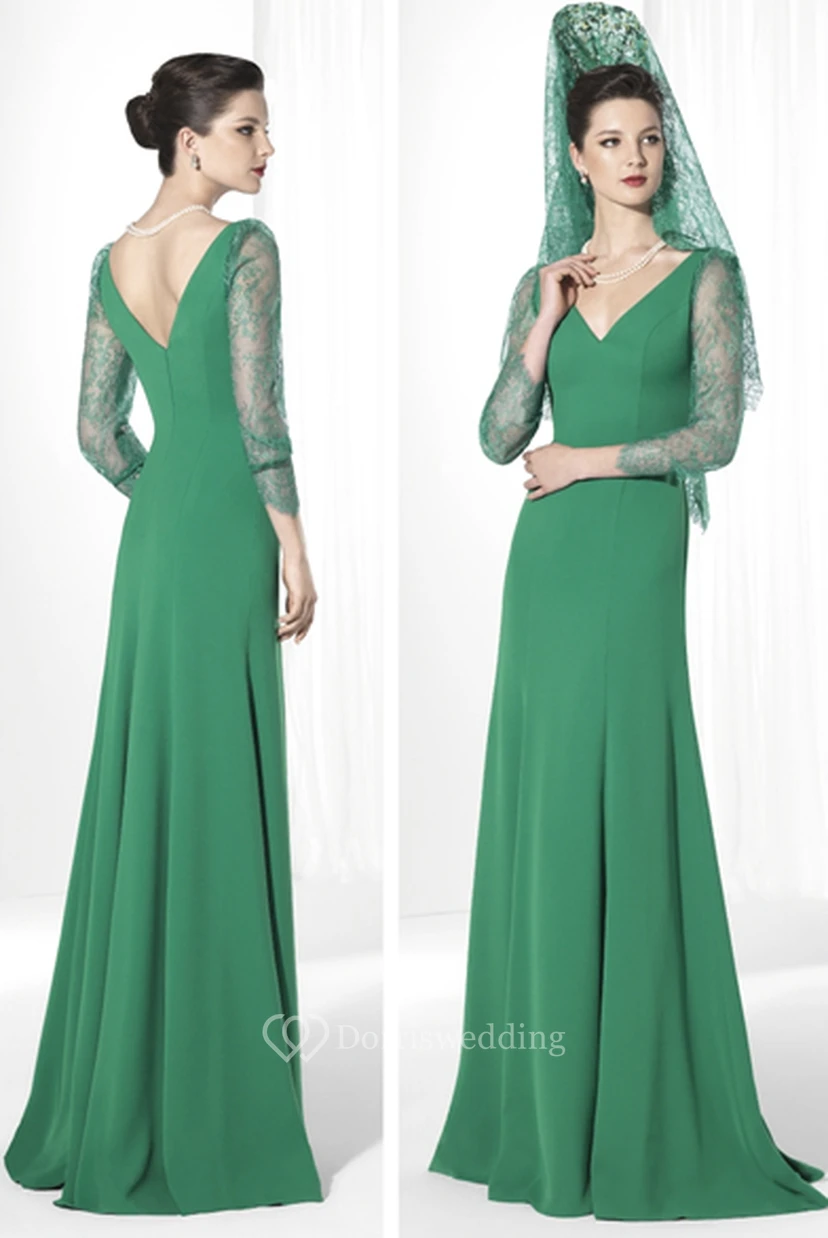 3-4-Sleeve V-Neck Lace Floor-Length Jersey Prom Dress