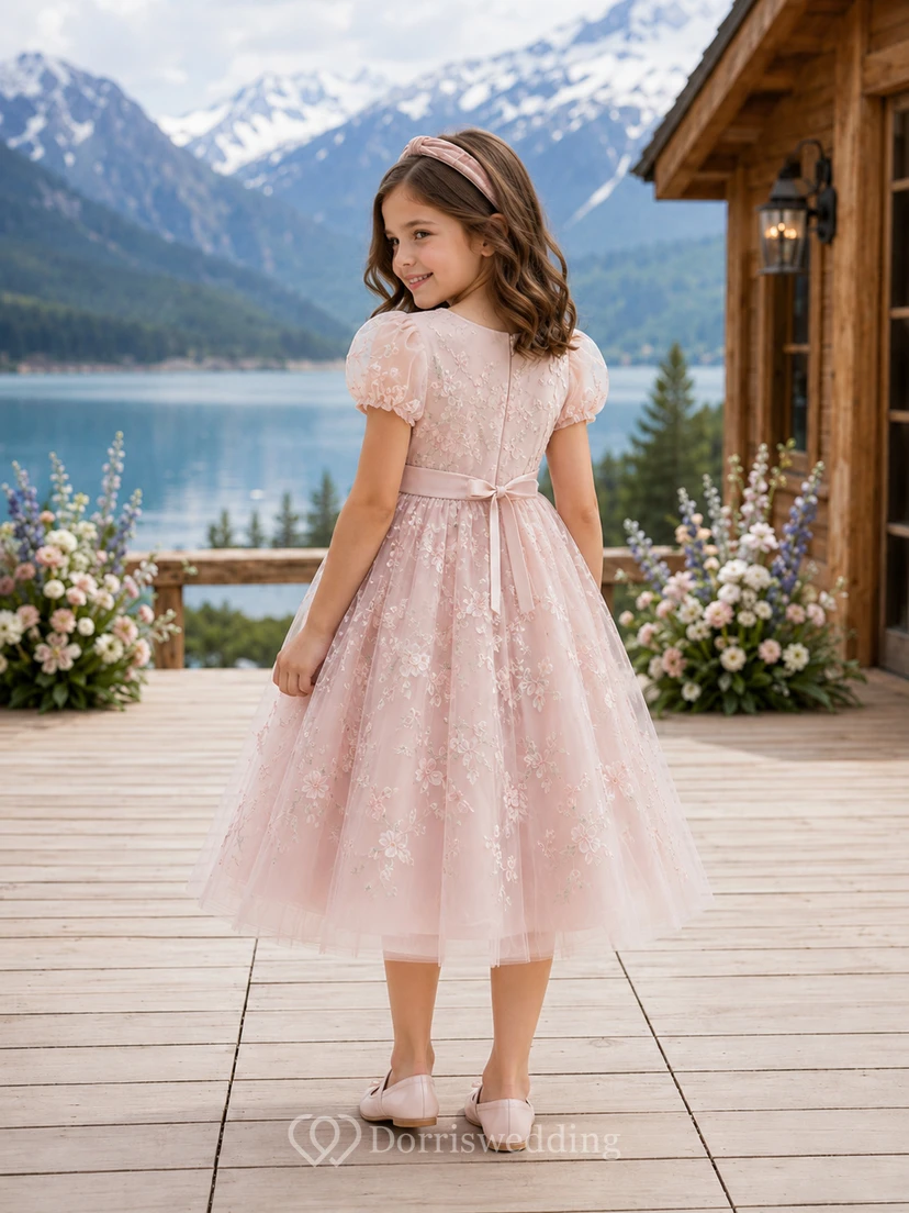 Blush Flower Girl Dress Tea-Length Floral Embroidered Tulle A-Line Jewel Neck Puff Sleeve Satin Bow Zipper Back view 2