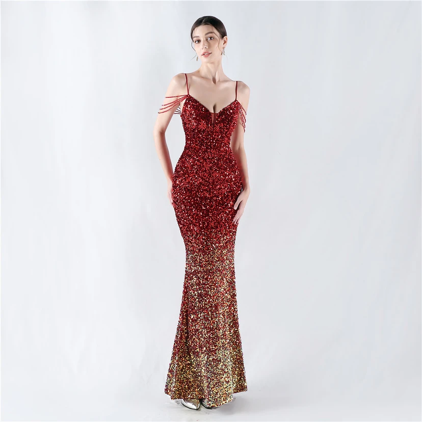 Velvet-Bottom Gradient Sequined Sexy Beaded Suspender Evening Dress view 21