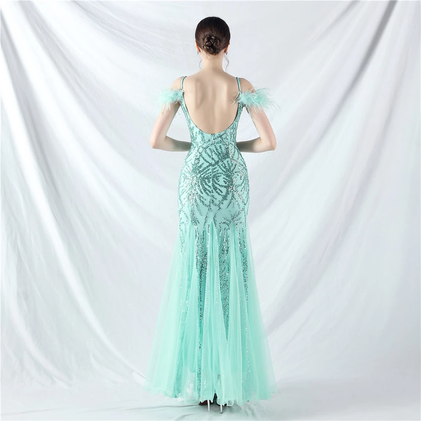 9-farbiges, handgefertigtes Abendkleid aus Kamelfedern, Netzstoff und Pailletten, sexy Trägern view 76