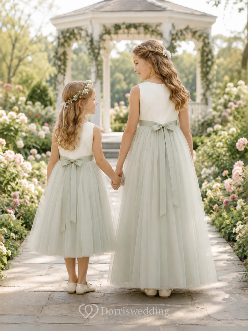 Matching Flower Girl Junior Bridesmaid Dress A-Line Celadon Tulle Sash Formal view 2