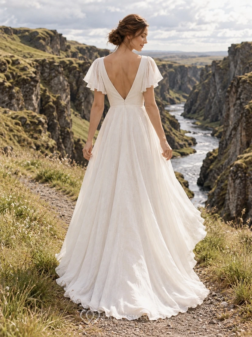Vestido de novia romántico de corte A con mangas de volantes, escote en V, confeccionado en lino, con espalda en V profunda. view 2