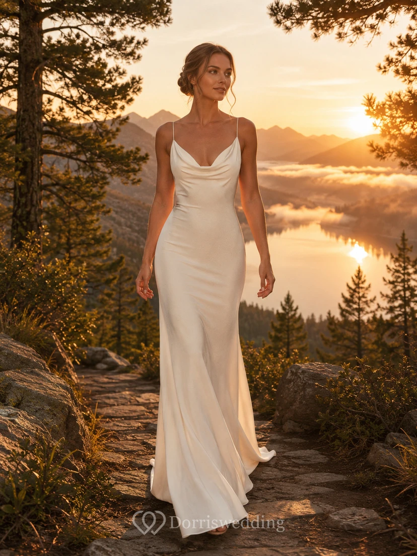 Open Back Cowl Neck Satin Mountain Lake Elopement Gown
