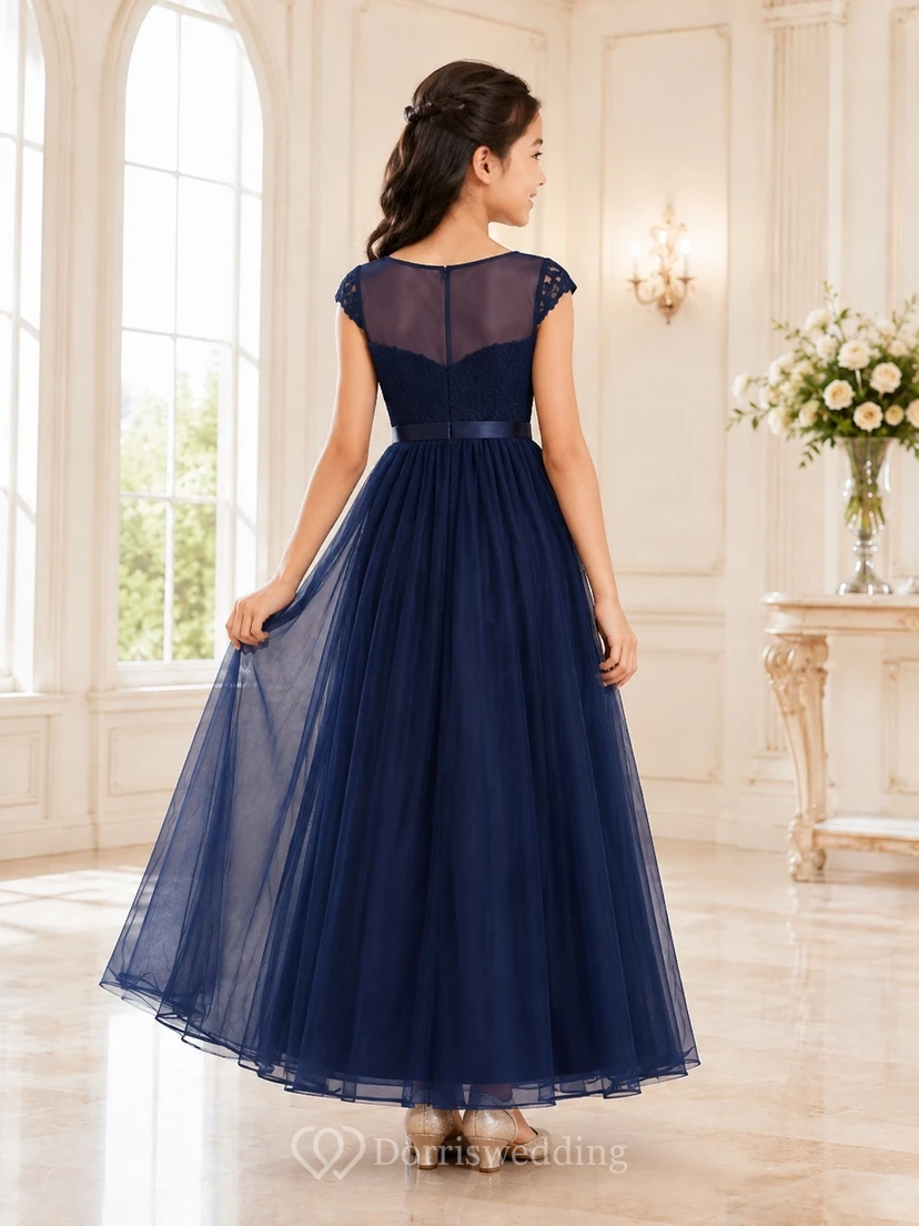 Dark Navy Junior Bridesmaid Dress A-Line Jewel Short Sleeves Tulle Skirt view 2