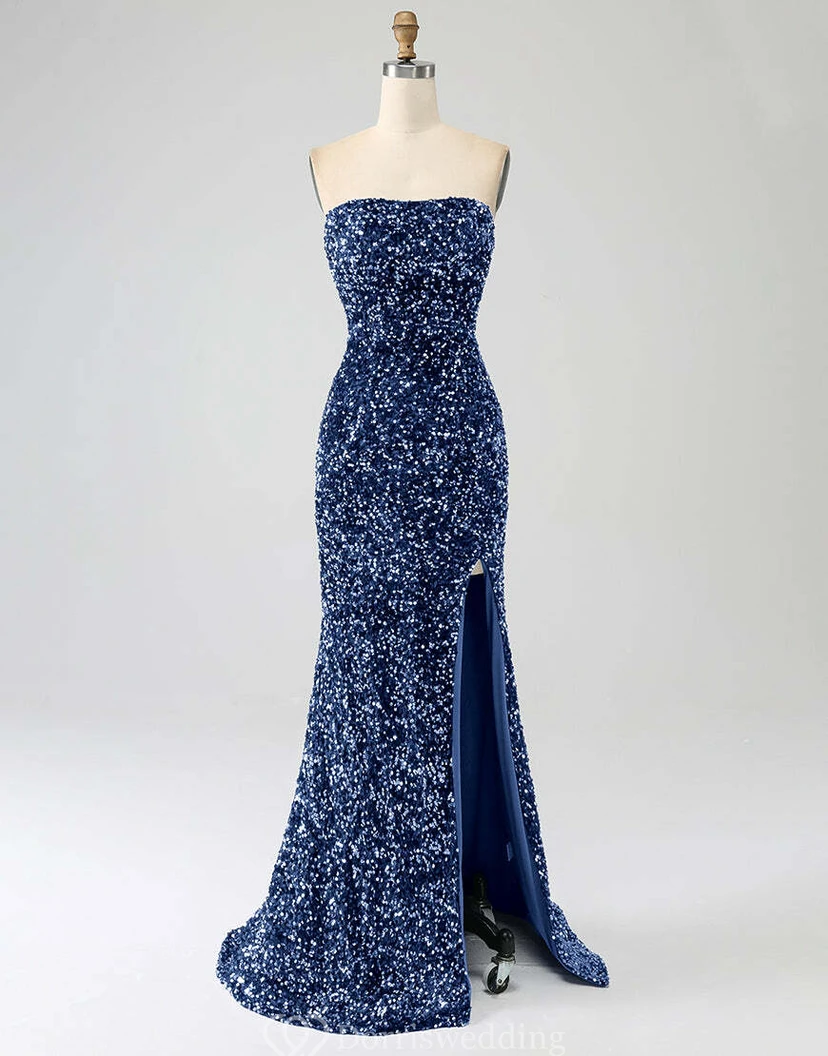 Robe bustier bleu roi à sequins et fente jusqu'à la cuisse view 25