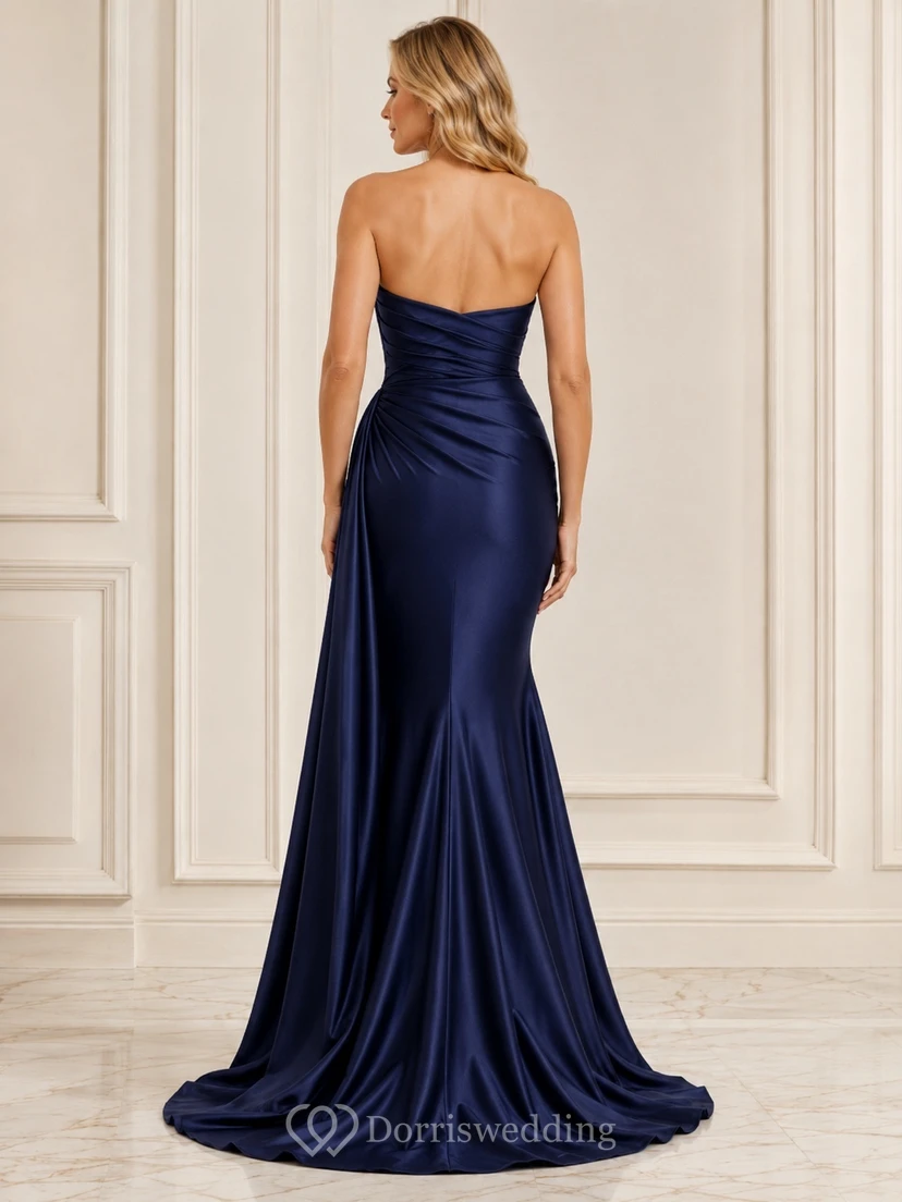 Mermaid Dark Navy Sweetheart Strapless Ruched Satin Sweep Formal Evening Gown view 2