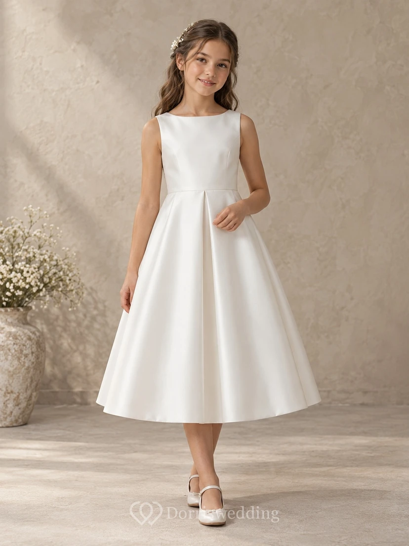 Simple Tea-length Ivory Sleeveless Bateau Satin Natural Waist Center Pleat A-Line Flowergirl Dress