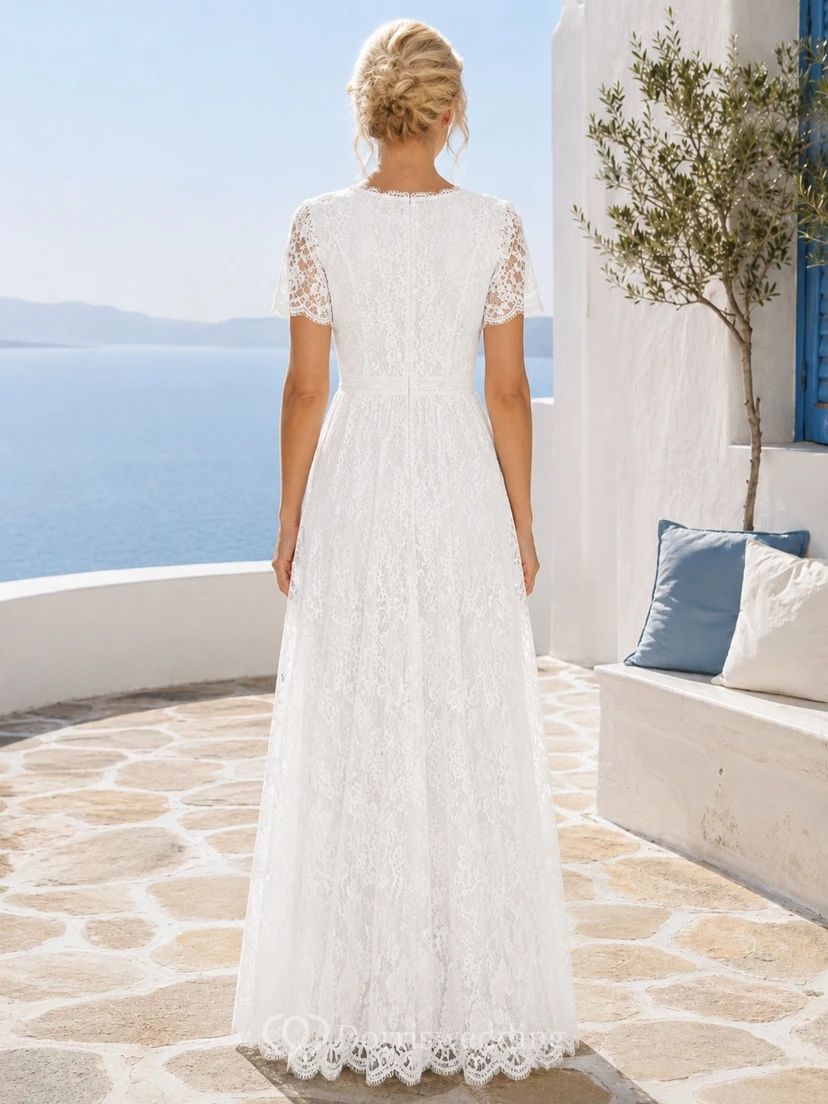 Romantic Lace A-Line Floor-Length V-Neck Short Sleeve Wedding Dress view 2