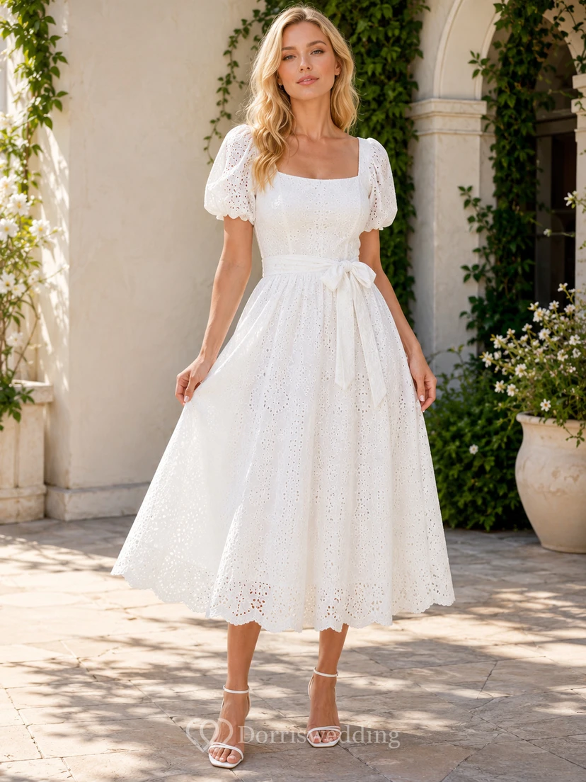 Vestido de cóctel de boda Tea Vintage con escote cuadrado, mangas abullonadas, encaje calado, corte en A y lazo lateral.