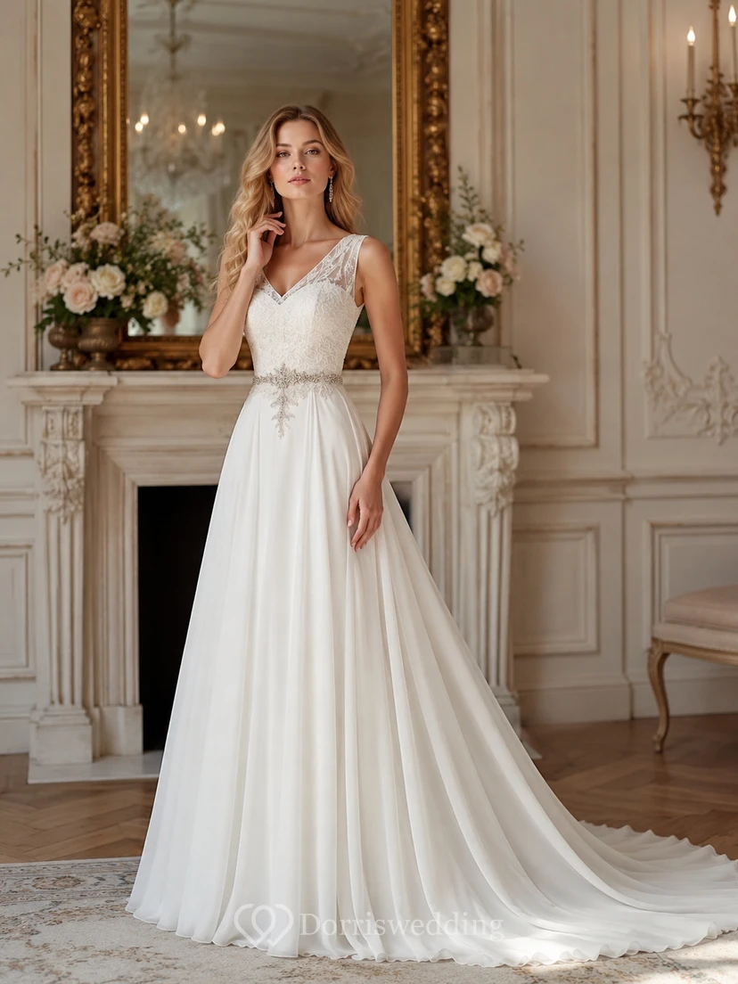 Empire-Chiffon-Brautkleid im griechischen Stil mit V-Ausschnitt, ärmellos und mit Perlenstickerei view 2